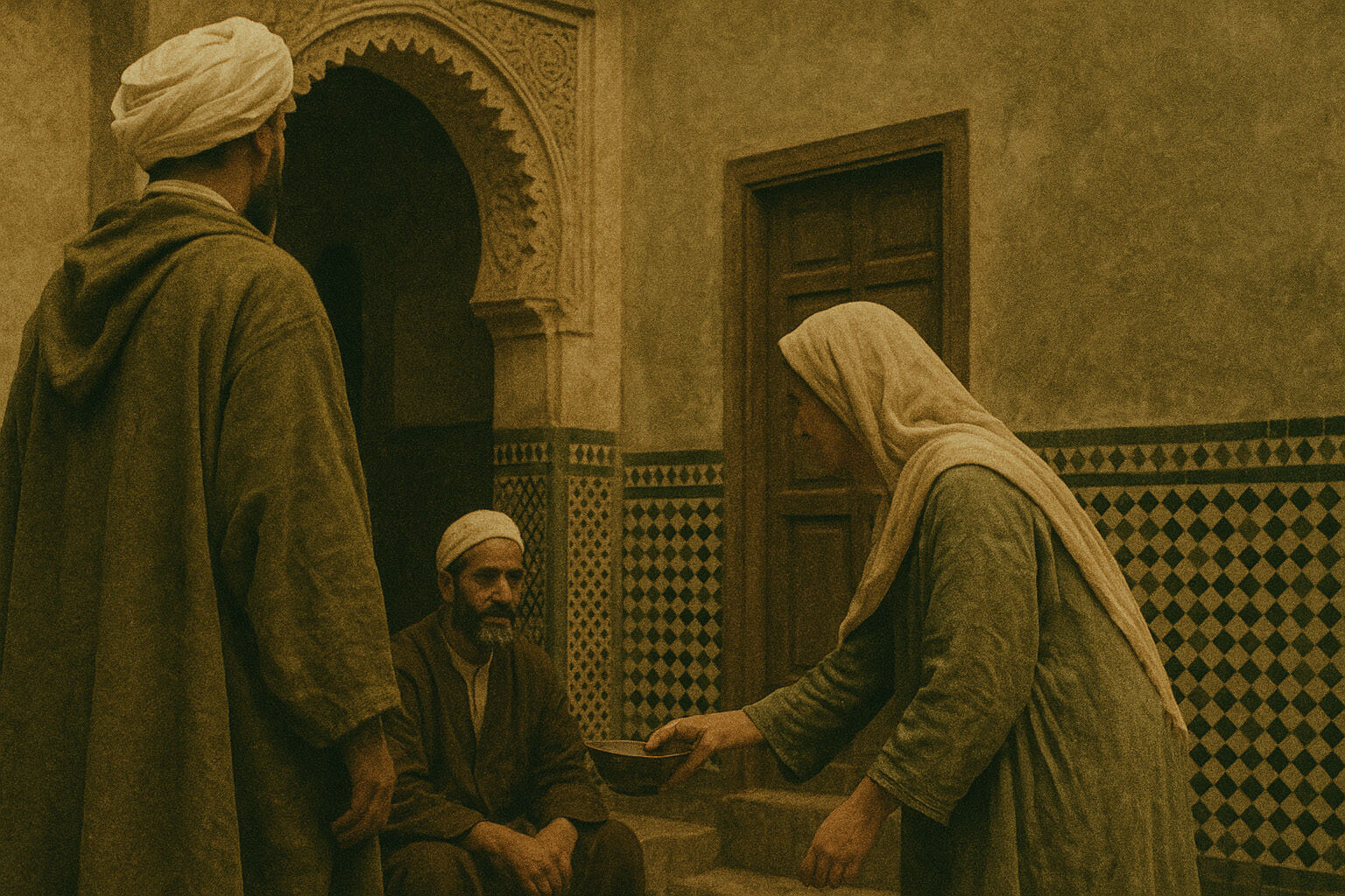 Men in robes and turbans meeting in a tiled courtyard beneath a carved arch