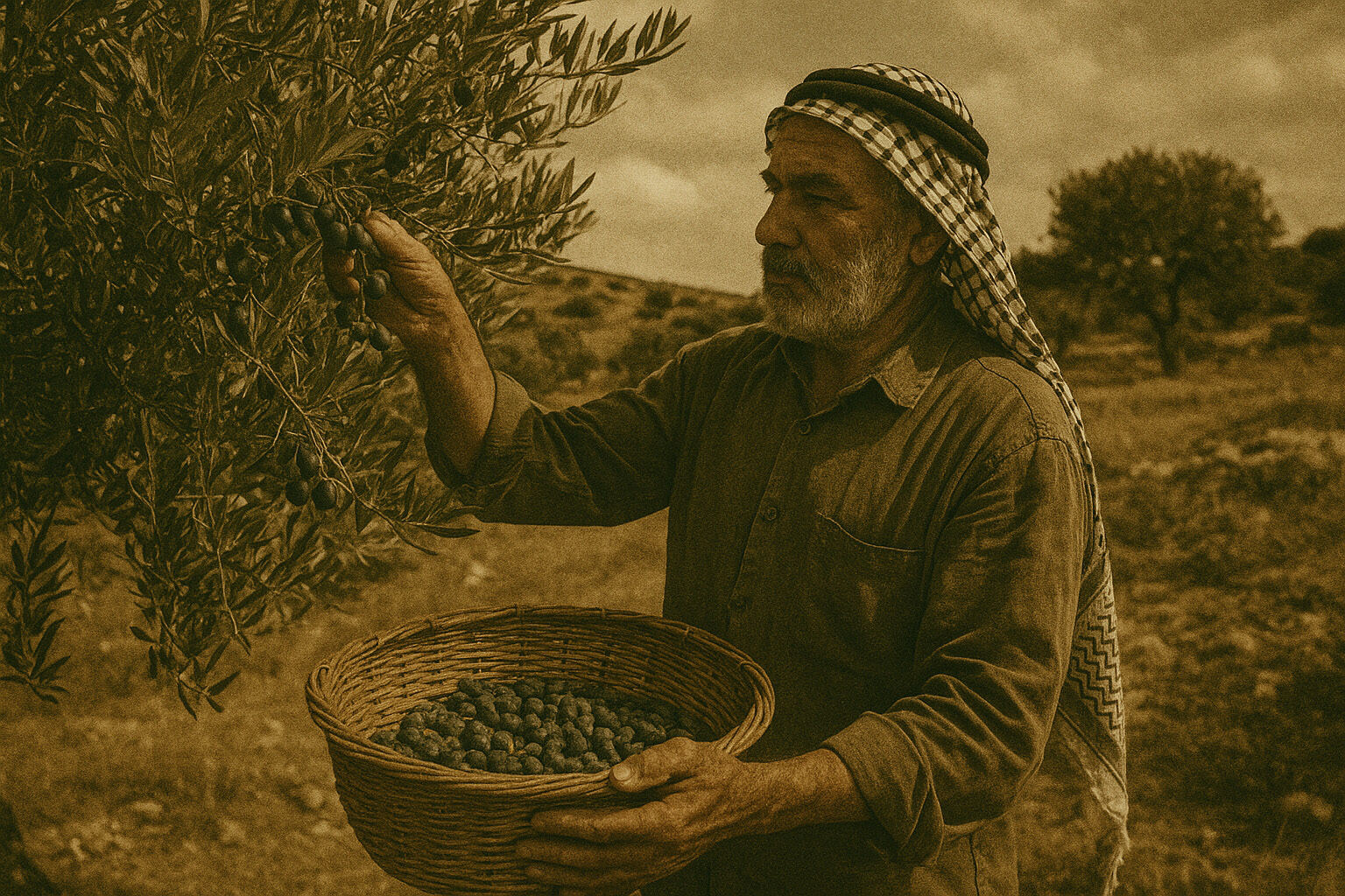 A man in a keffiyeh harvesting olives into a woven basket