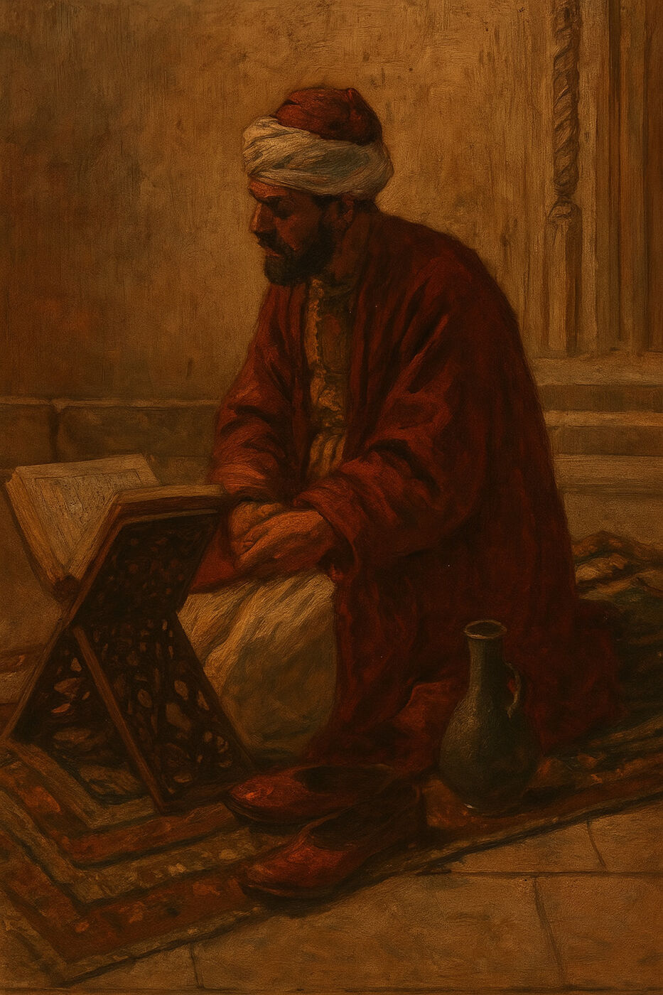 Painting of a scholar in a red robe reading from a book on a carved wooden stand